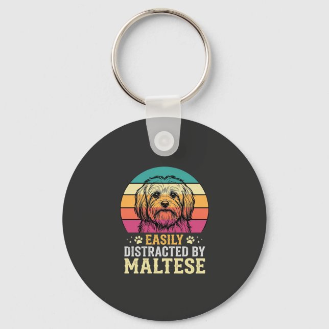 Llavero Perro maltés distraído en puesta de sol retro (Anverso)