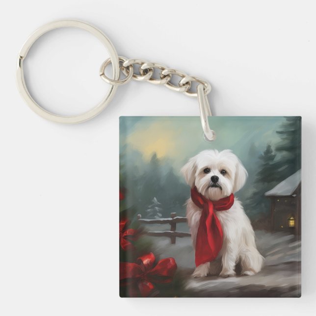Llavero Perro maltés en Navidad con nieve (Frente)
