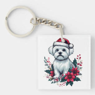 Llavero Perro maltés floral festivo con perro de navidad d