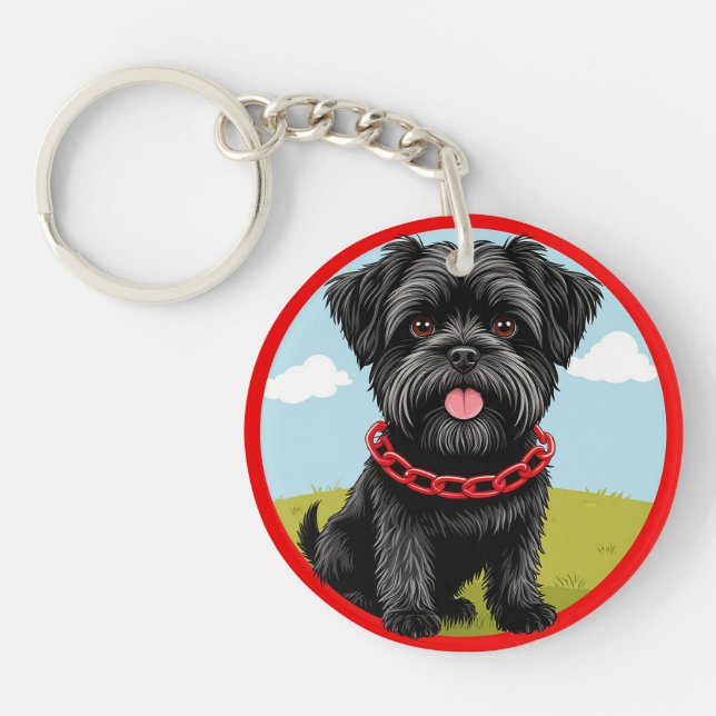 Llavero Perro negro lindo con collar rojo en estilo de dib (Frente)
