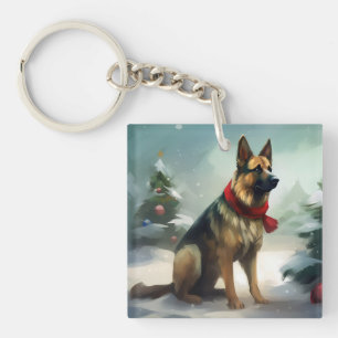 Llavero Perro pastor alemán en Navidad con nieve