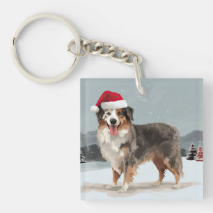 Llavero Perro pastor australiano en Navidad de nieve 