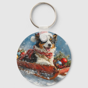 Llavero Perro pastor australiano en trineo de Navidad