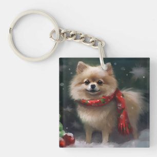 Llavero Perro Pomerania en Navidad con Nieve