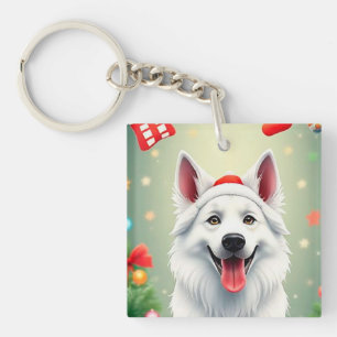 Llavero Perro posando entre decoraciones navideñas festiva