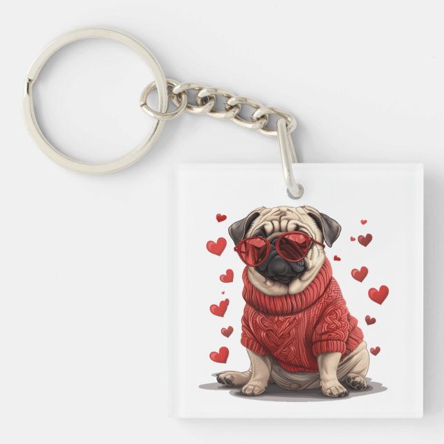 Llavero Perro Pug día de San Valentín (Frente)