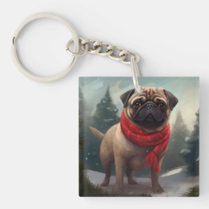 Llavero Perro Pug en Navidad con Nieve