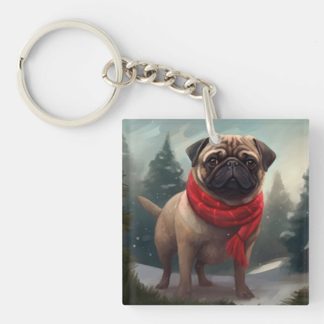 Llavero Perro Pug en Navidad con Nieve (Frente)