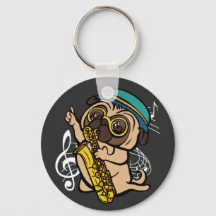 Llavero Perro Pug Tocando El Botón De Músico Saxofón