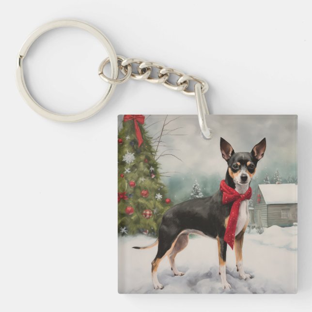 Llavero Perro Rat Terrier en Navidad con nieve (Frente)
