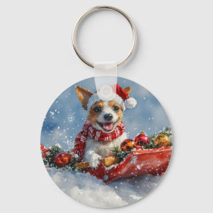 Llavero Perro Rat Terrier en Trineo Deja que Nieve Navidad