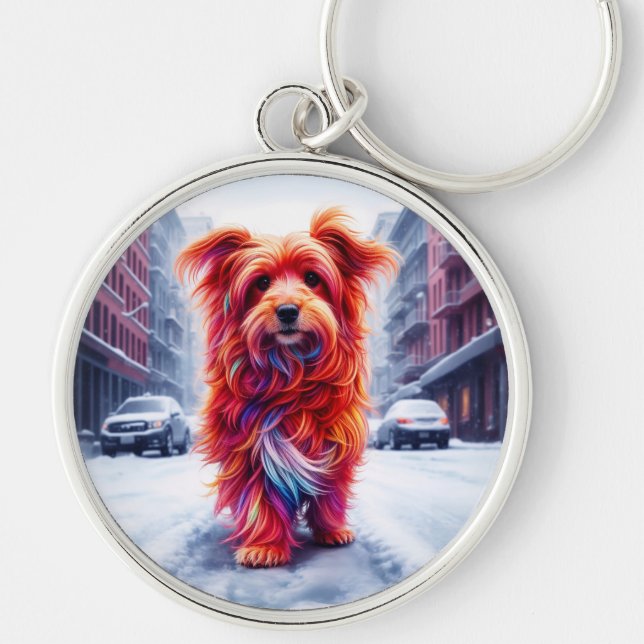 Llavero Perro rojo caminando por la nieve calle de inviern (Frente)