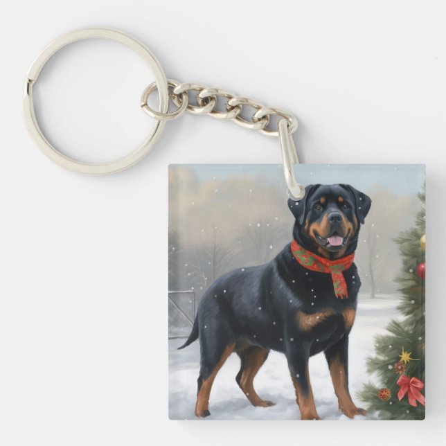 Llavero Perro Rottweiler en Navidad con Nieve (Frente)