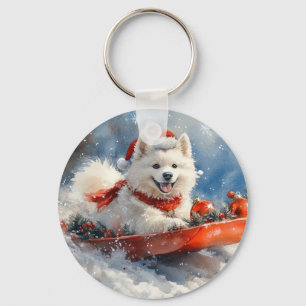 Llavero Perro Samoyedo en Trineo Deja que Nieve Navidad