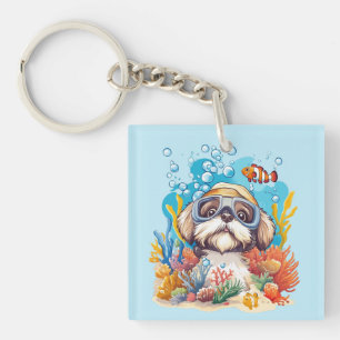 Llavero Perro Shih Tzu haciendo snorkel en arrecife de cor