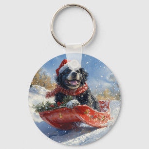 Llavero Perro Terranova en Trineo Deja que Nieve Navidad