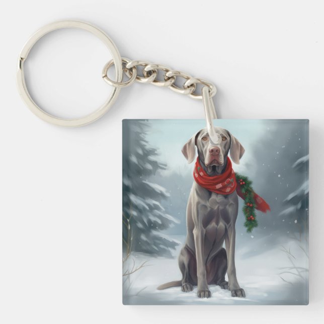 Llavero Perro Weimaraner en Navidad con nieve (Frente)