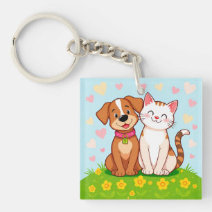 Llavero Perro y gato de dibujos animados lindos sentados j