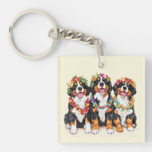 Llavero Perros de montaña berneses hawaianos Lei de flores