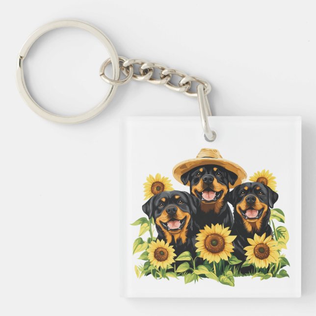 Llavero Perros Rottweiler Rodeados De Sunflowers (Frente)