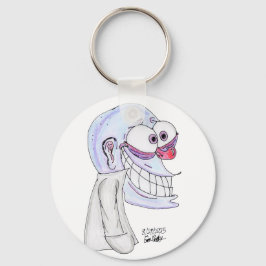 Llavero personaje azul sonriendo con abrigo