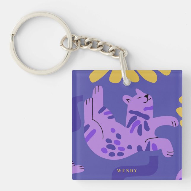 Llavero Personalizable Feliz Gato Gato Gato Gato Púrpura (Frente)
