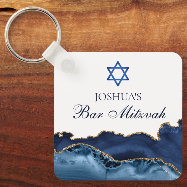 Llavero Personalizado Bar Mitzvah Fiesta Navy Agate de Oro (Anverso)