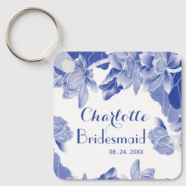 Llavero Personalizado Blue Floral White Bridesmaid Favor d (Anverso)