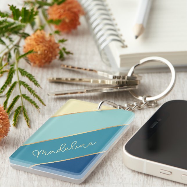 Llavero Personalizado Classic Cute Blue Verde azulado Raya (Frente Derecha)