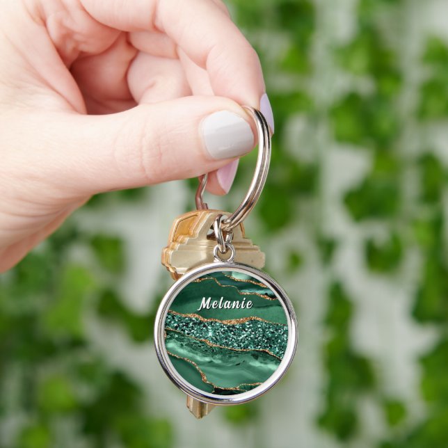 Llavero Personalizado con Brillo Dorado Verde Esme (Mano)