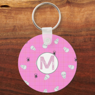Llavero Personalizado Coquette Pink Plaid Halloween Skulls