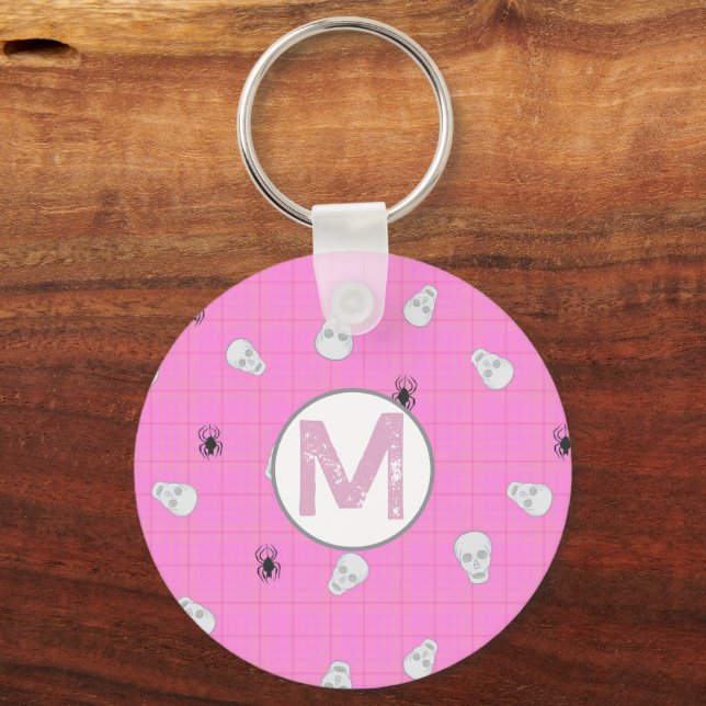 Llavero Personalizado Coquette Pink Plaid Halloween Skulls (Reverso )