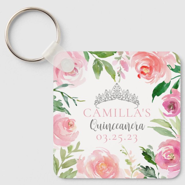 Llavero Personalizado Cute Pink Floral Quinceañera Silver  (Anverso)