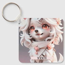 Llavero Personalizado De Cachorro Blanco Y Rosa Fluffy