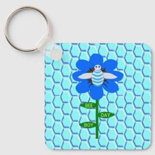 Llavero Personalizado de cumpleaños azul de Happy Bee Day 