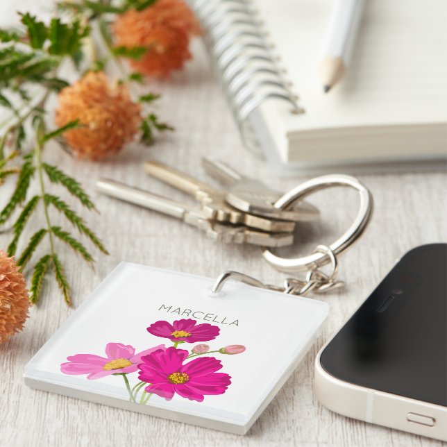 Llavero Personalizado de flores Cosmos de jardín brillante (Frente Derecha)