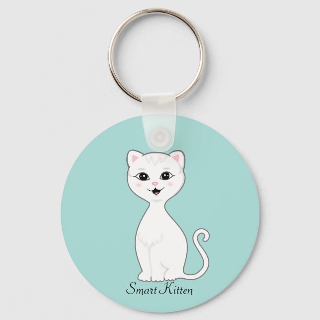 Llavero Personalizado de gatito blanco lindo en azul claro (Anverso)