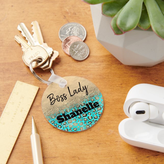 Llavero Personalizado de leopardo turquesa Purpurinoso esp (Escritorio )