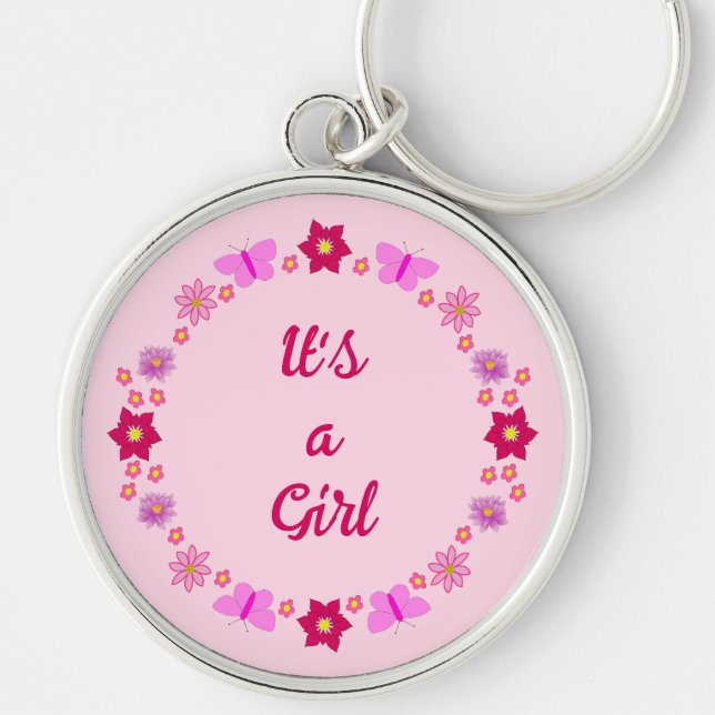 Llavero Personalizado de mariposas y flores para bebé rosa (Frente)