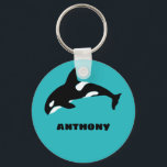 Llavero Personalizado de orcas asesinas ballenas azul Verd<br><div class="desc">Crea un pequeño regalo personalizado o un favor de fiesta para cualquiera que ame las ballenas y otros animales del océano. Este llavero presenta un ilustracion de una orca o una ballena asesina en blanco y negro sobre un fondo azul verde azulado brillante y está listo para ser personalizado con...</div>