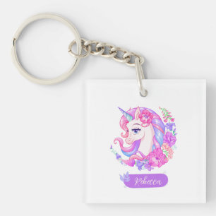 Llavero Personalizado de unicornio mágico chica de flores