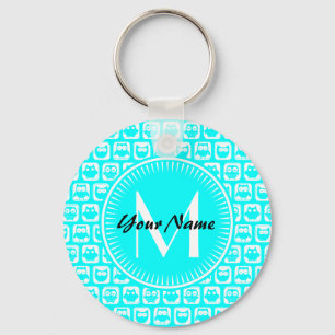 Llavero Personalizado del patrón de búho Aqua Monograma No