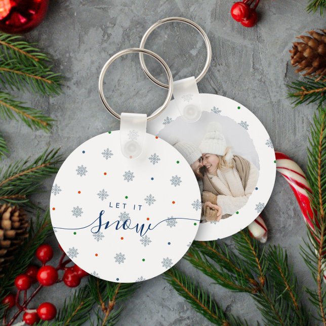 Llavero Personalizado elegante Déjalo nevar foto (Custom photo keychain with elegant snowflakes and dots - let it snow)