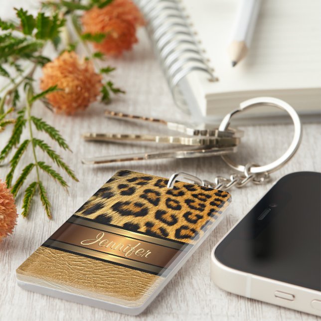 Llavero Personalizado Faux Leopard Skine Gold Leather Patt (Frente Derecha)