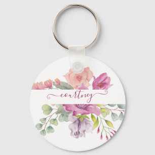 Llavero Personalizado floral acuarela rosa y melocotón 