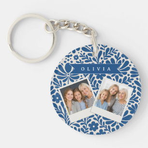 Llavero Personalizado Floral Folclórico Azul Nórdico