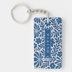 Llavero Personalizado Floral Folclórico Azul Nórdico Perso