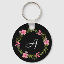 Personalizado floral negro cadena de claves monogr