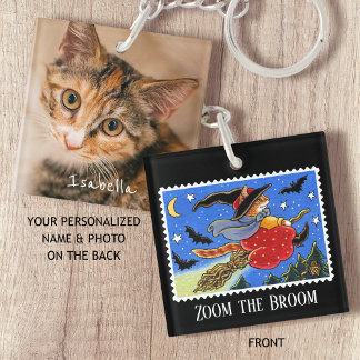 Llavero Personalizado Foto Divertido Halloween Gato Brooms
