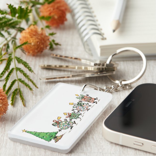 Llavero Personalizado lindo bailando regalos navideños y á (Frente Derecha)